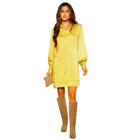 Mandalay and Company Dresses & Skirts - Gold Satin Button-Up Shirt Dress – Long Sleeve Mini Silky Shift – Sizes S M L